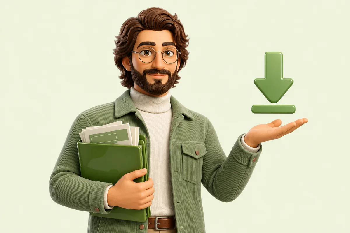Cyrus holding a folder of templates with a download icon
