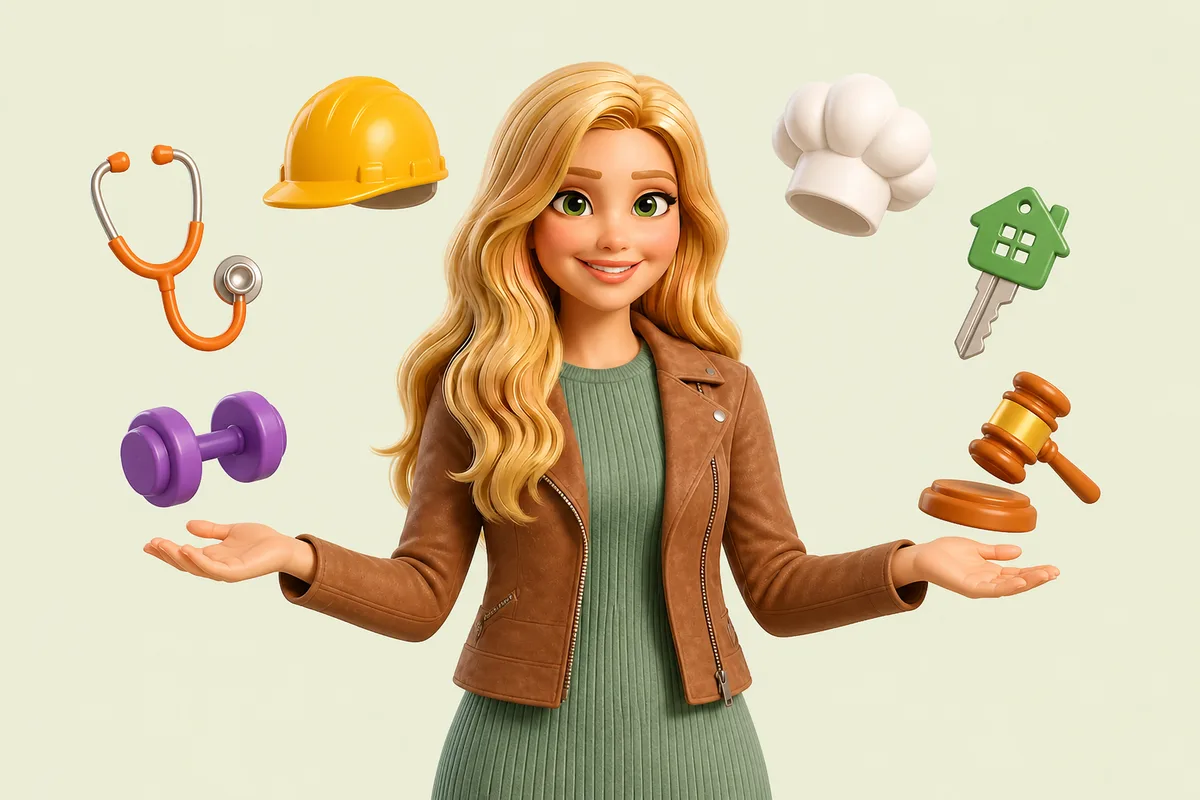 Clara surrounded by icons for healthcare, trades, food, real estate, fitness, and law