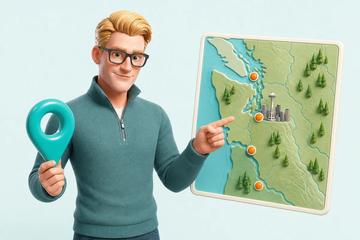 Silas pointing at a Pacific Northwest map with service locations