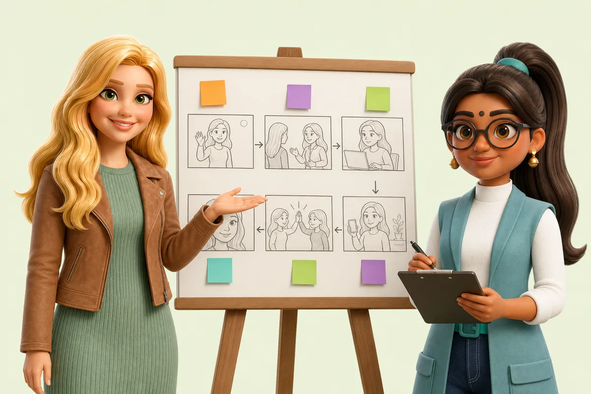 Clara and Samira planning a storyboard on an easel