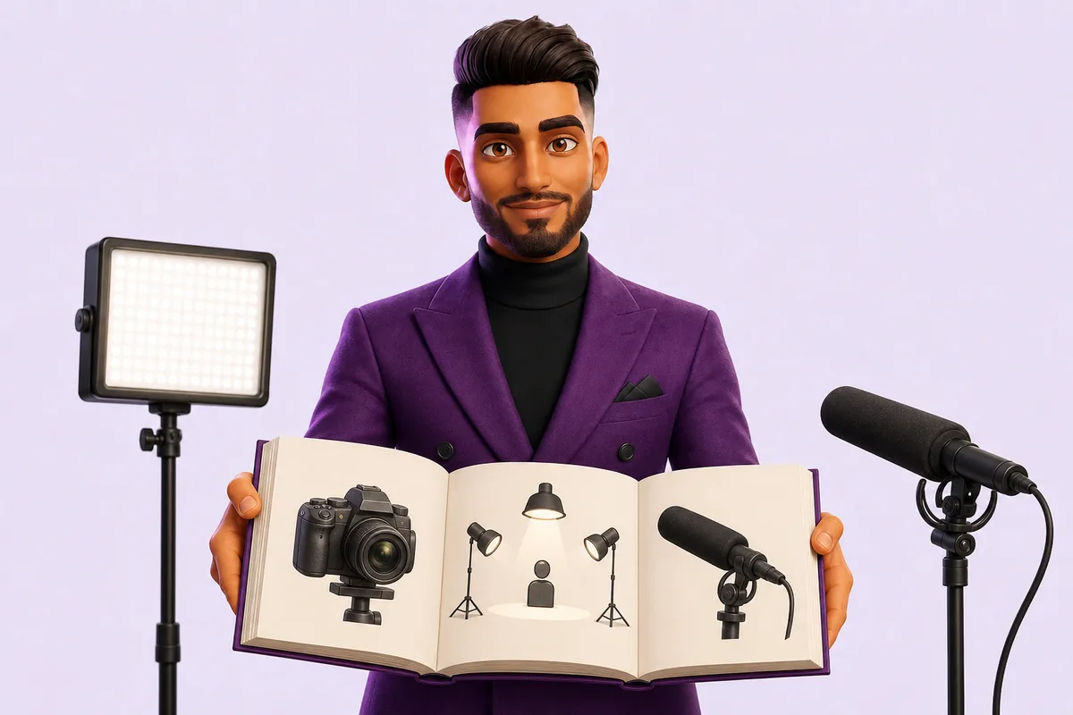 Kareem holding open a production guide beside a light and microphone