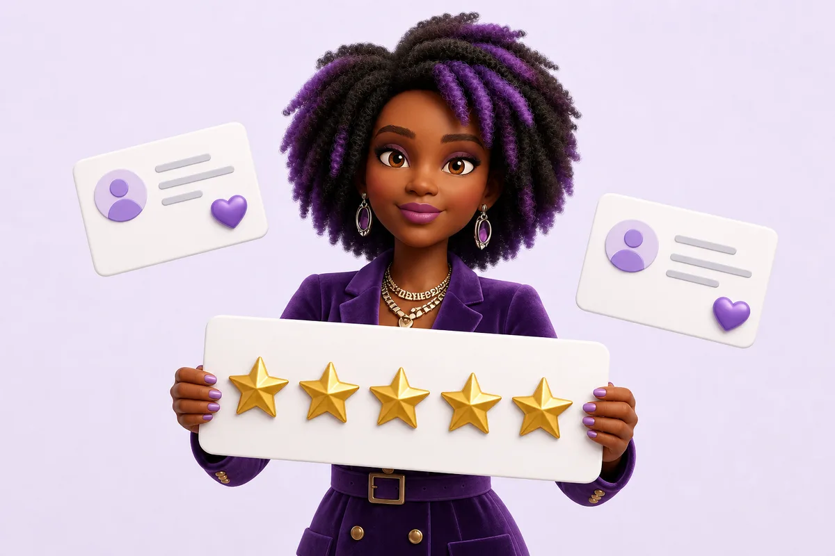 Kiana holding a five-star review card