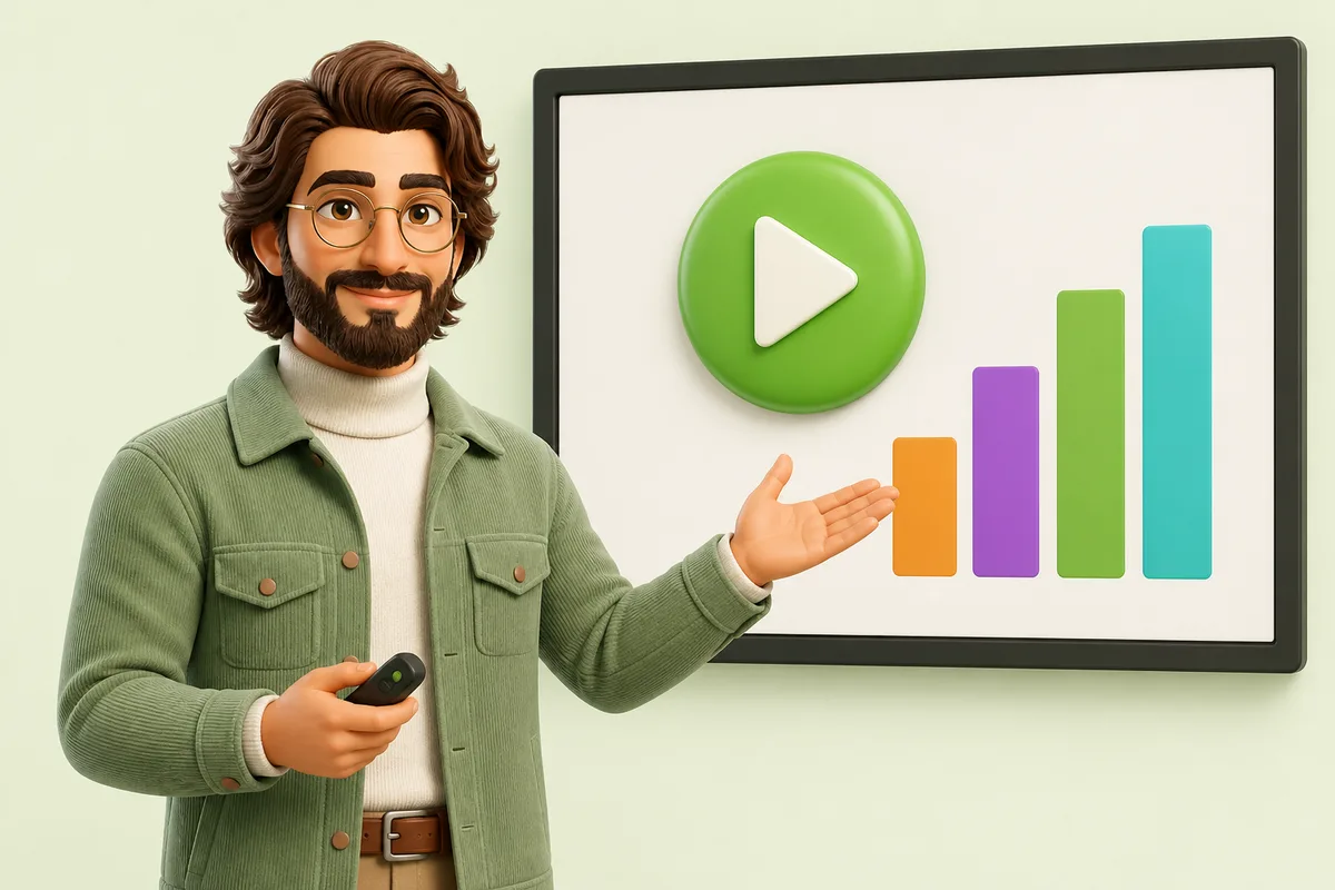 Cyrus presenting a webinar screen with a play button and chart